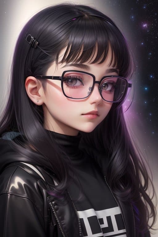 AI generated: portrait of lofi goth girl wearing (reflective glasses:1. 2) staring into the universe, Universe ref...