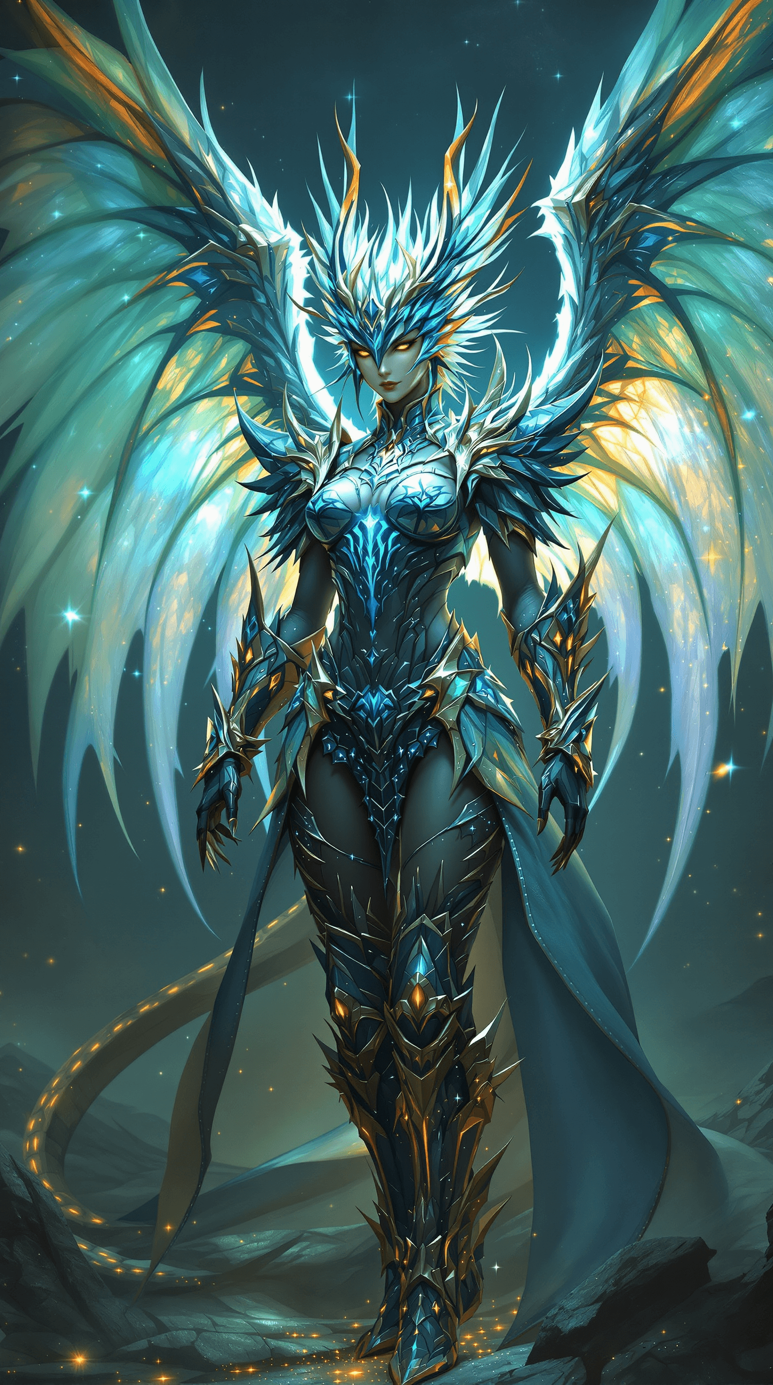 AI generated: final fantasy, babe, fantasy big beautifull dragon wings armor with extrem many dettails and accesor...