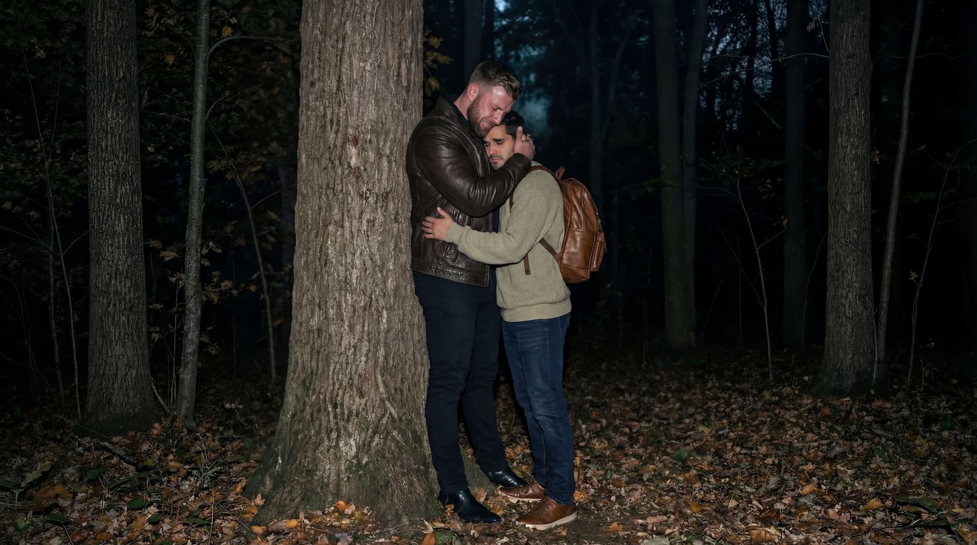 AI generated: On a Autumn night outside under a wooden area full of trees.

The bodybuilder is 6 feet 5 inches tal...