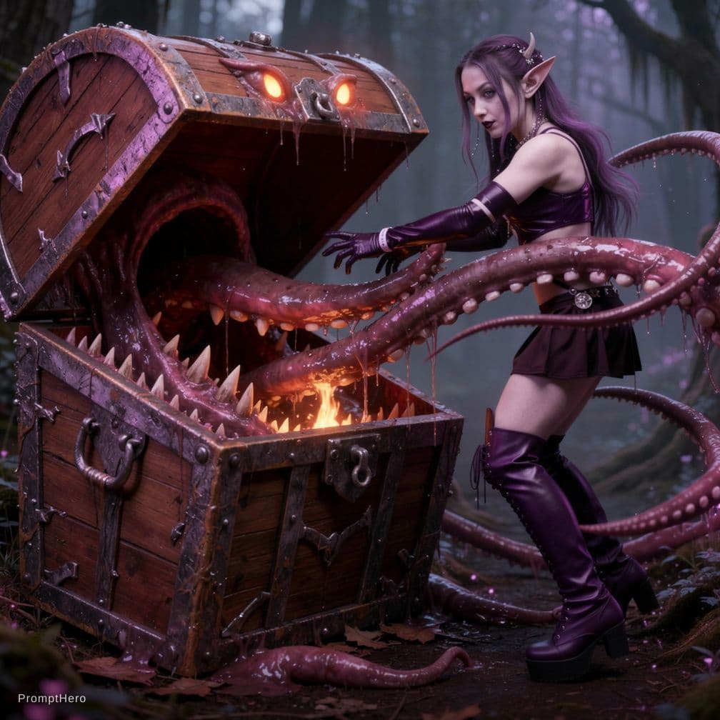 AI generated: have her captured by a chest mimic, its tentacles pulling her upper half into its toothy mouth,