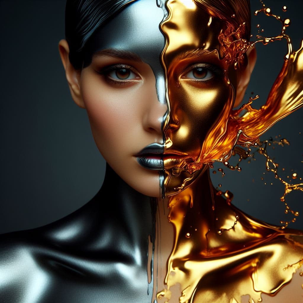AI generated: A woman with liquid mercury and a liquid gold on her, hyper-realistic details, color splash, half bo...