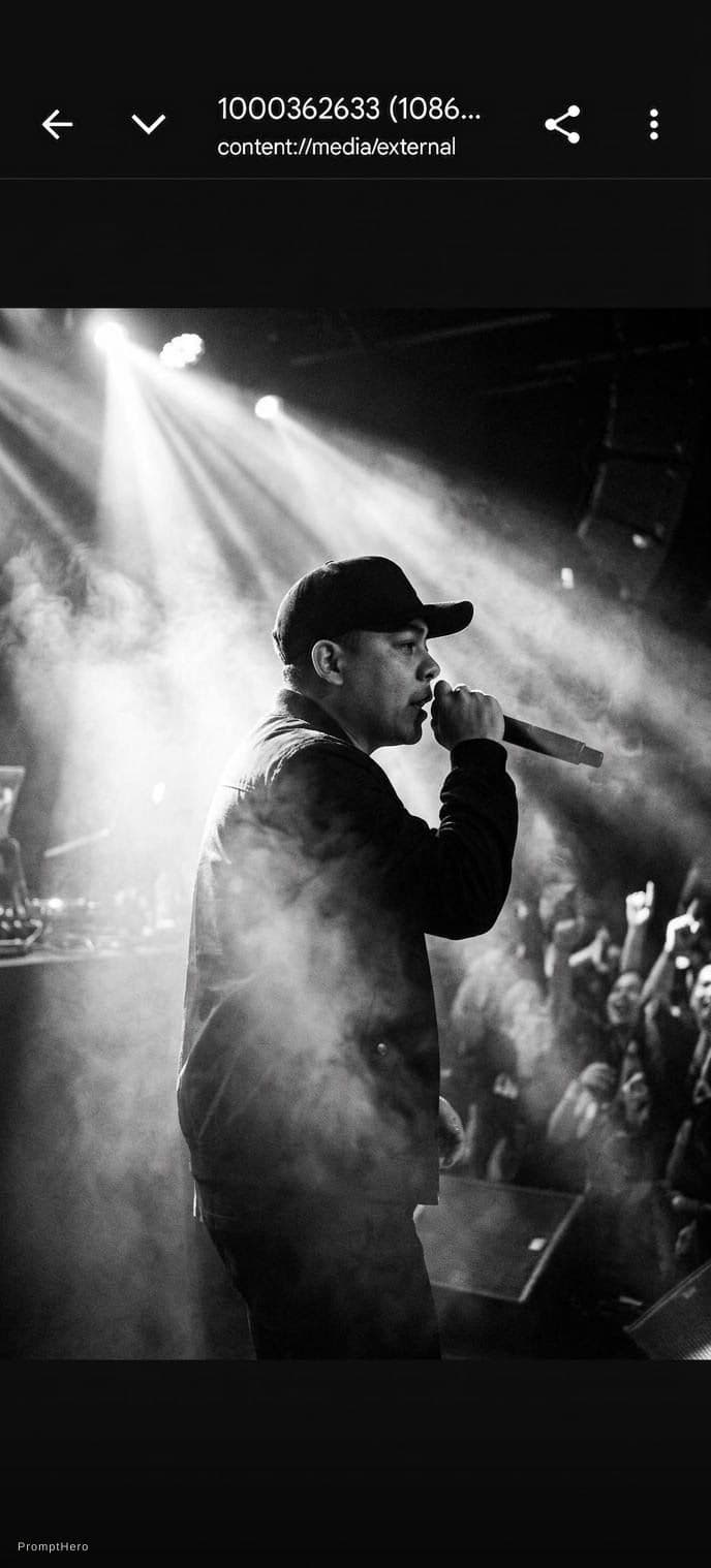 AI generated: black and white photography of rapper in baseball cap emerging from fog on stage during concert, sid...