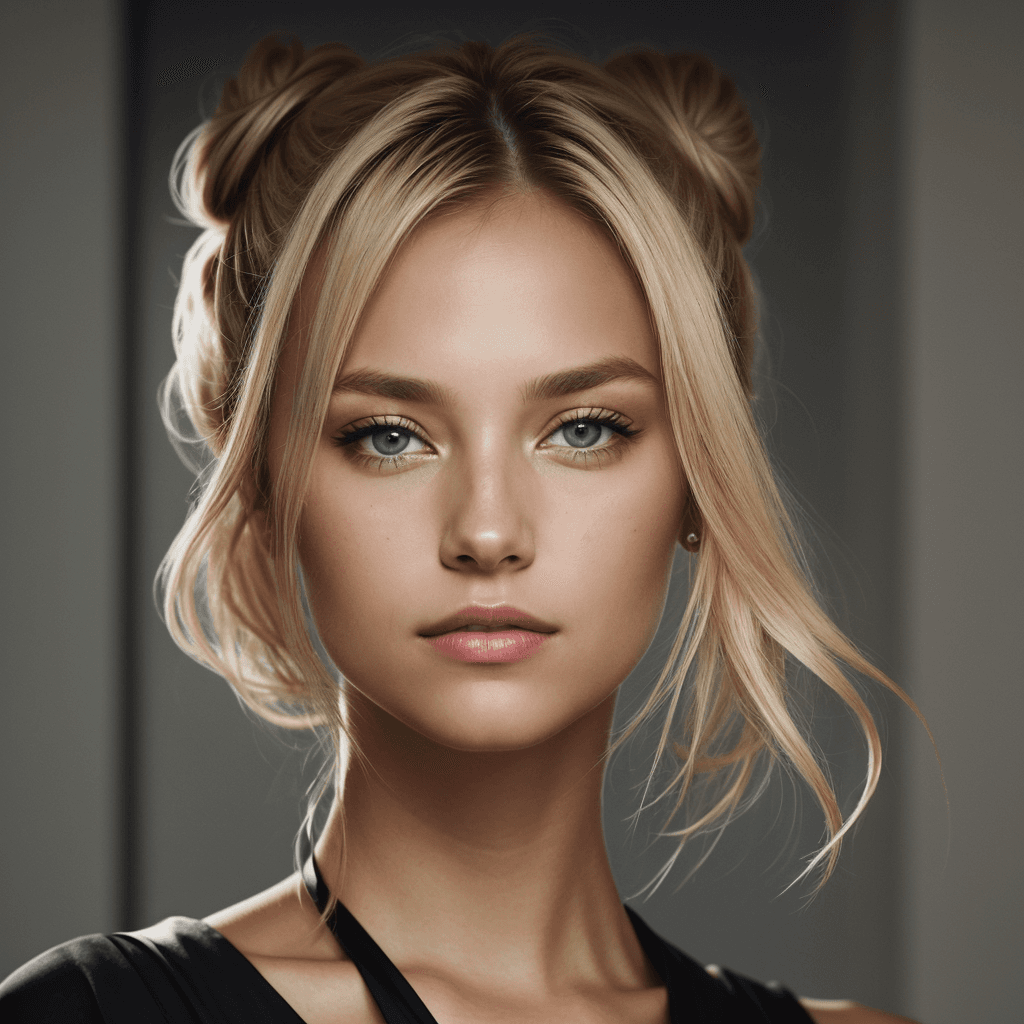 AI generated: an eye contact of a blond with bun hair and dark theme