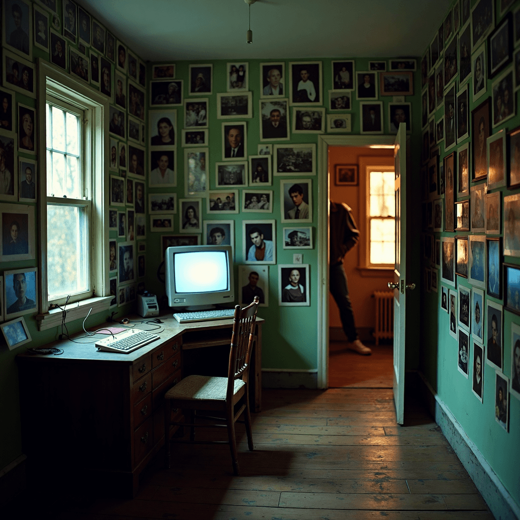 AI generated:  a photo inside the abandoned room of crazy serial killer,a lot of photographs on the walls, clutter...