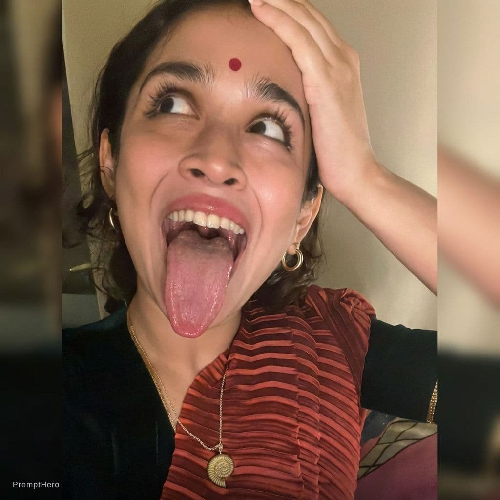 AI generated: Edit this by making her tongue out slightly longer wide realistic but maintaining the original image...