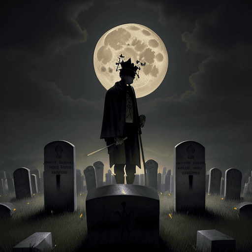 AI generated: night light, cloudy full moon, tombstones on a meadow, a poorly dressed gravedigger wearing a shinin...