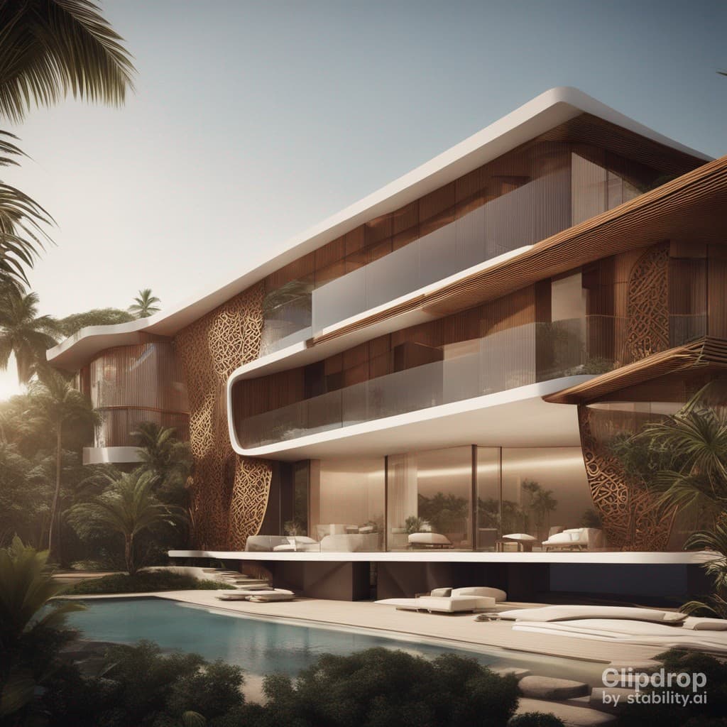 AI generated: Stylish modern building with smooth facade lines design in African patterns:: ultra modern::1 tropic...