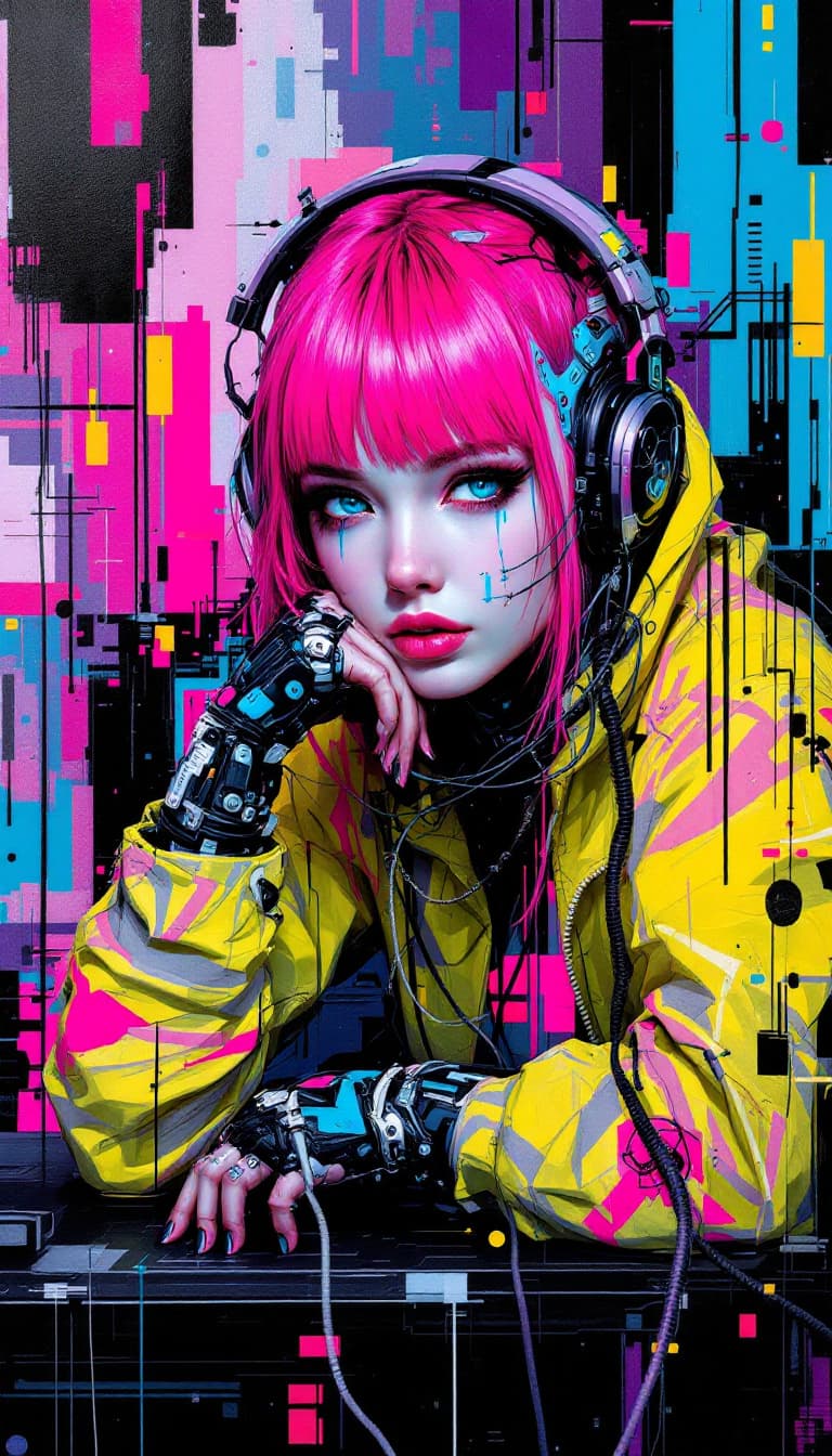 AI generated: "Cyberpunk Hacker in Neon Streams": A mesmerizing abstract painting captures the energy of a 23-year...