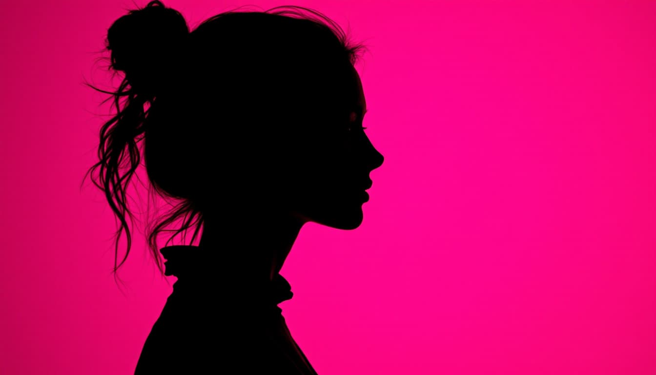 AI generated: photography, portrait of contrast, profile silhouette of a woman, vibrant hot pink backdrop, visuali...