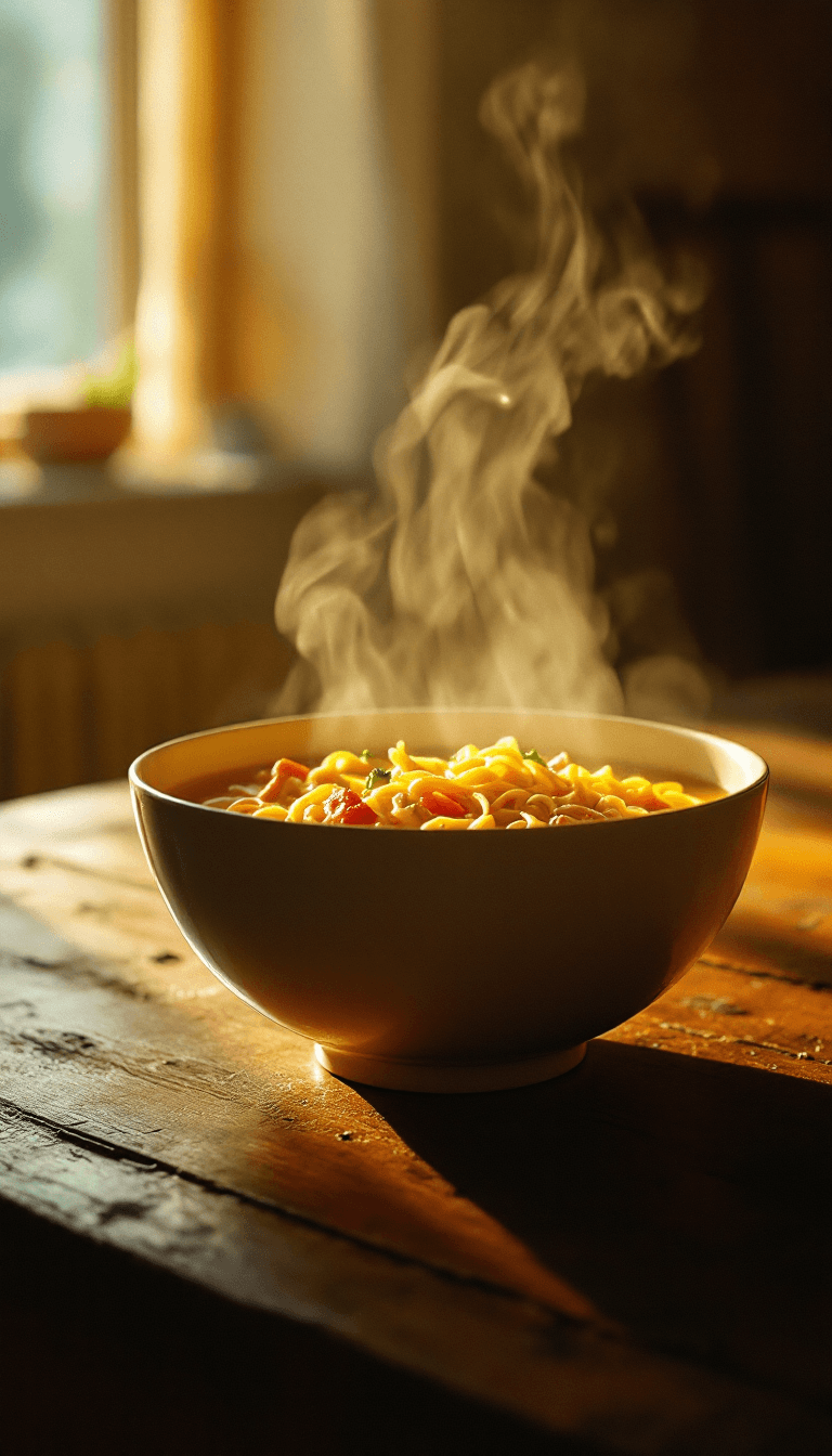 AI generated:  Steaming bowl of chicken noodle soup on a worn, wooden table, surrounded by soft, golden lighting, ...