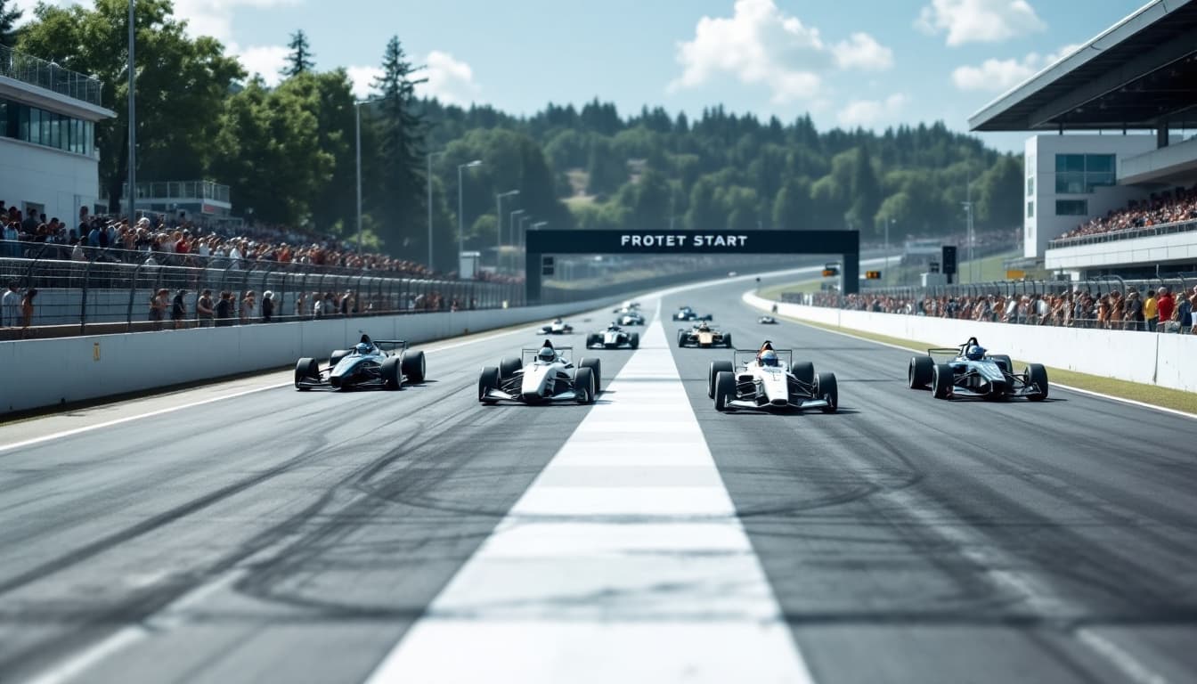 AI generated: Summer. At the start of the race track (White stripe across the track) there are 5 (five) racing car...