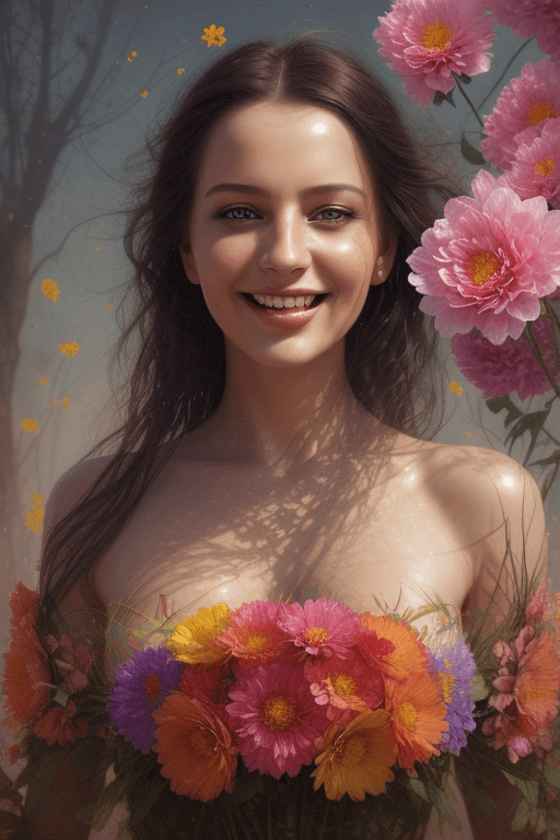 AI generated: Beautiful Woman with a smile appears from colorful flowers, cinematic lighting, photo realistic, by ...