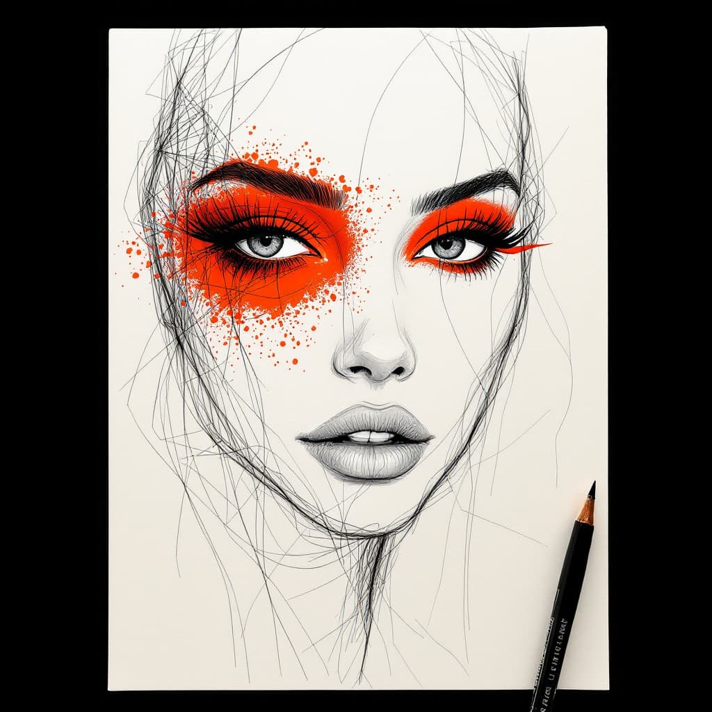 AI generated: a drawing of a woman's face with a red eyeshadow, in the style of bold colorful lines, dark beige an...