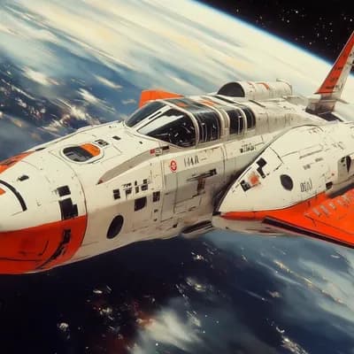 AI generated video: A small spacecraft flies above the clouds over a planet as the camera follows.