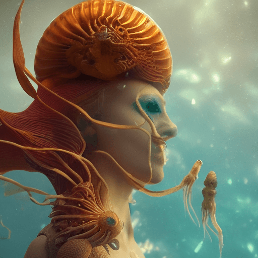 AI generated: Goddess close-up portrait ribcagel. jellyfish phoenix head, nautilus, orchid, skull, betta fish, bio...