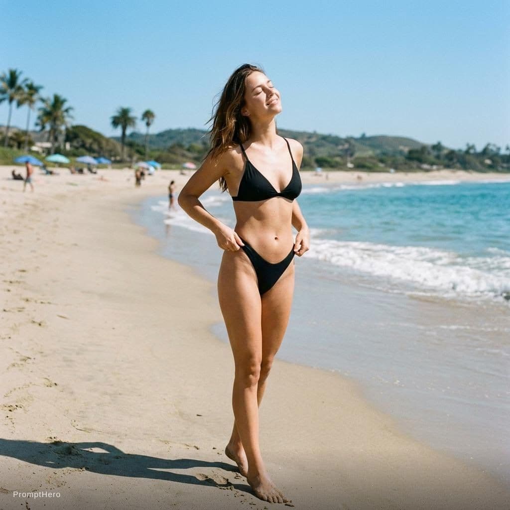 AI generated: She is standing on a sunny beach with g-thong and top enjoying the sun