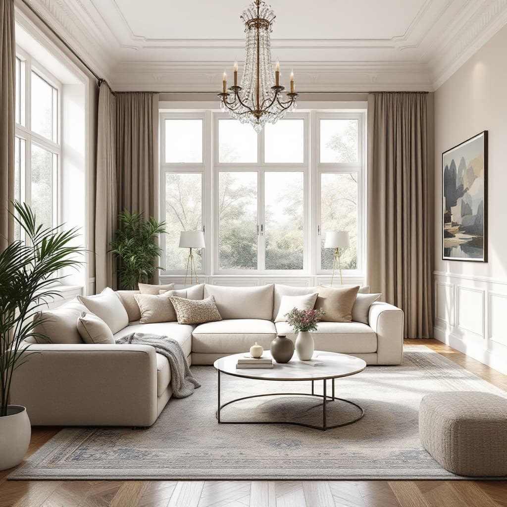 AI generated: Create a highly realistic 3D render of a timeless chic-style interior design. The space features a h...