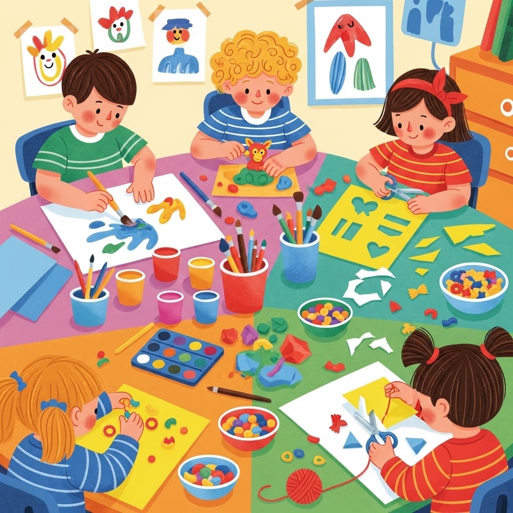 AI generated: Crea una ilustración de una clase donde los niños están haciendo actividades de motricidad fina: un ...