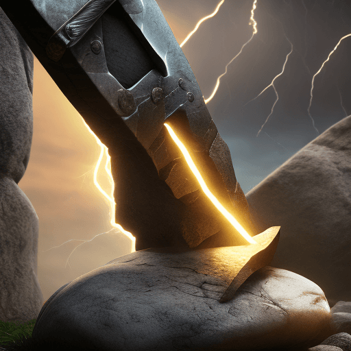 AI generated: Photo of a ultra realistic axe stuck in stone and lightning coming out of stone, dramatic light, cin...