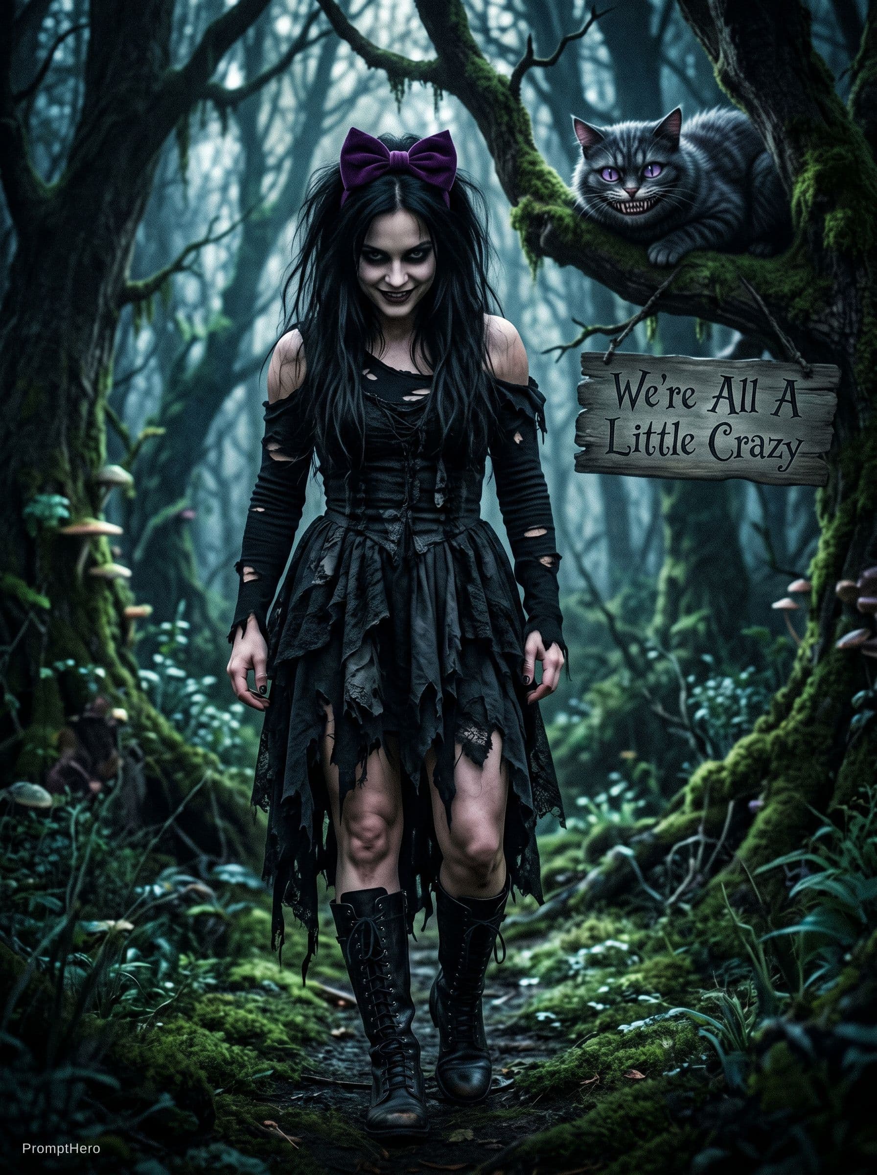 AI generated: A dark gothic Alice in wonderland , long back hair tied in dark purple bow , raggedblack gothic dres...
