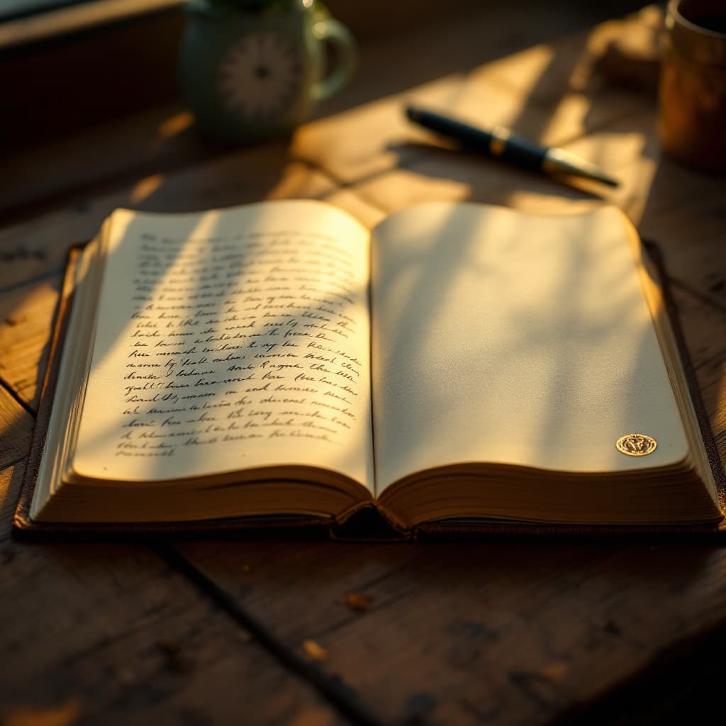 AI generated: “A realistic hardcover book lying open on a rustic wooden table, warm sunlight streaming through a n...