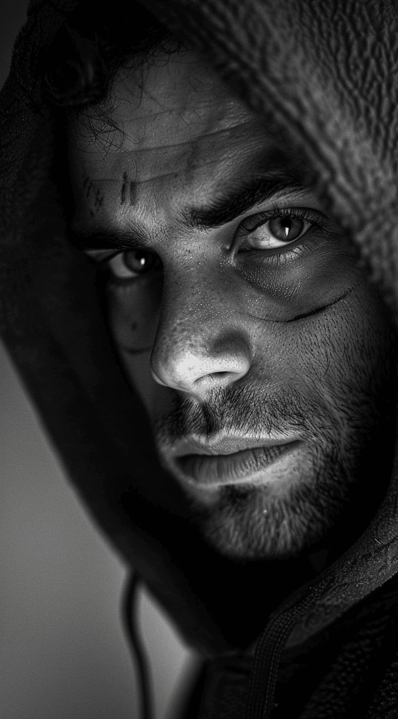 AI generated: A man with scars on his face wearing a hoodie with a serious expression in a dark room, backlit with...