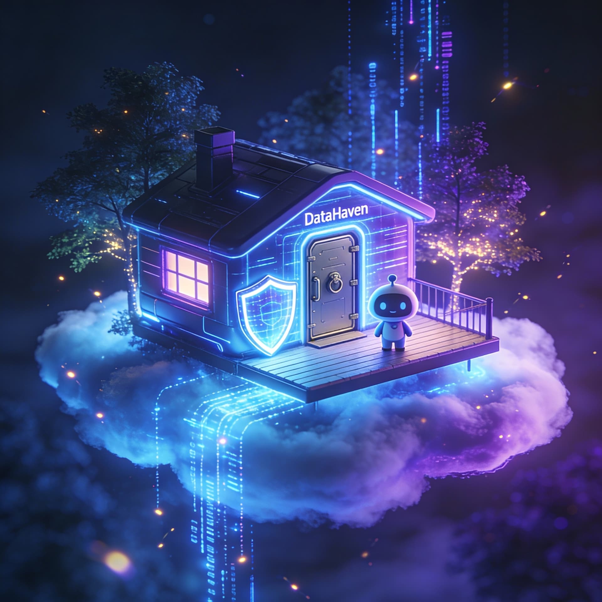 AI generated: A futuristic cabin floating on a glowing digital cloud. Streams of data flow like fireflies around t...