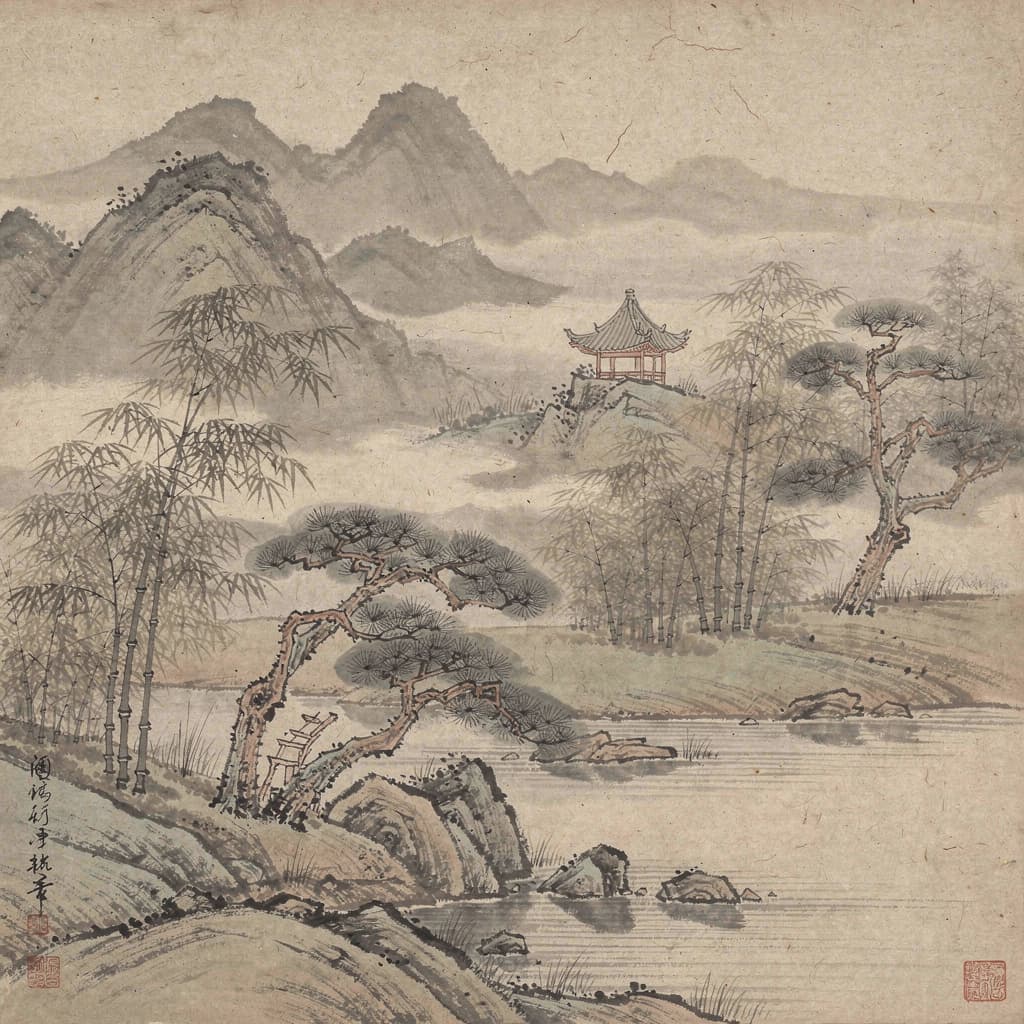 AI generated: Oriental painting, muted tonalities, traditional oriental backgrounds --chaos 75 --ar 1:2 --style ra...