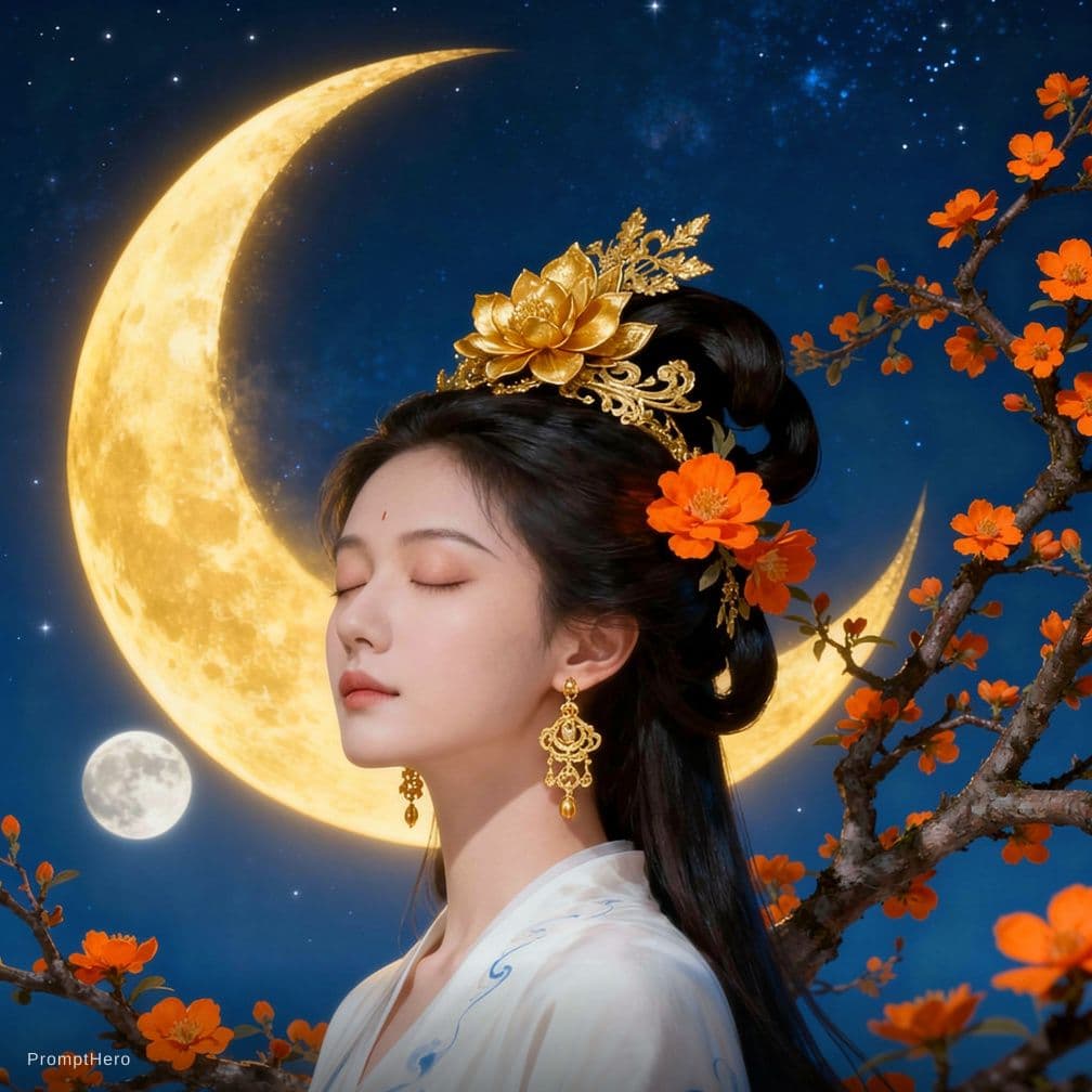 AI generated: Photorealistic artwork of a serene, celestial Asian-inspired woman with pale, porcelain skin and del...