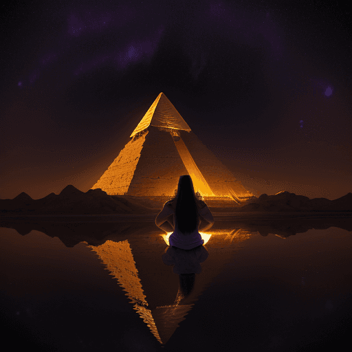 AI generated: A beautiful render of an egyptian pyramid with golden light radiating from the top, centered in fron...