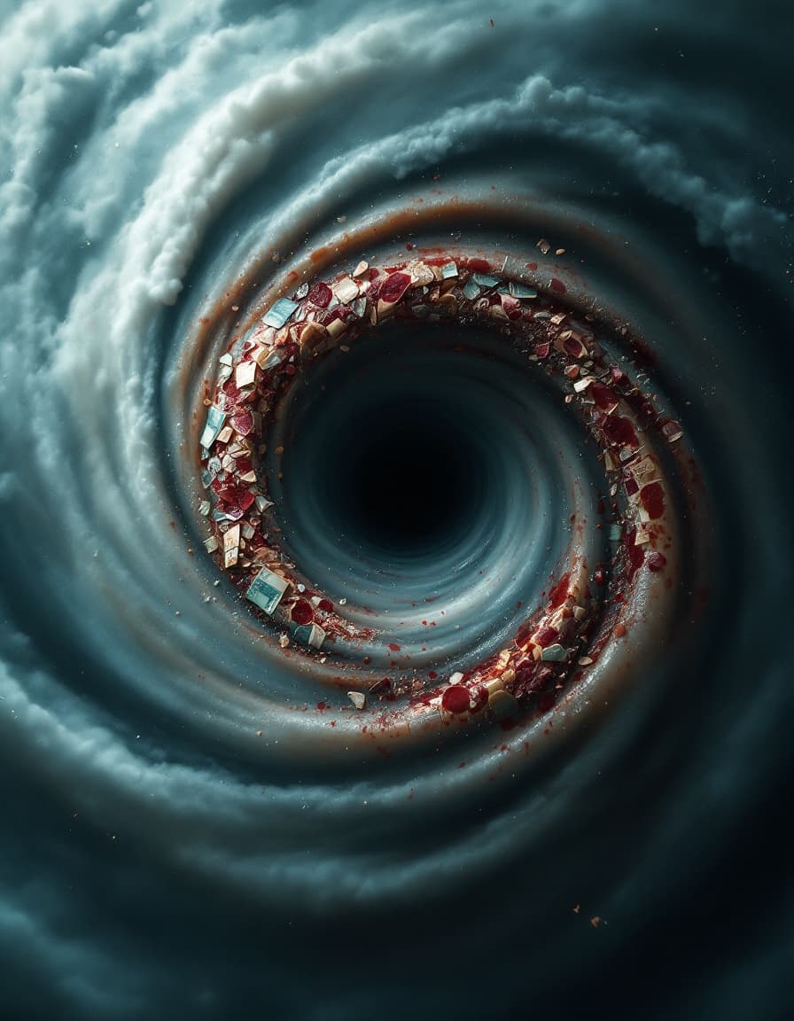 AI generated: Air vortex made of dark storm clouds, such as tornado, view from above to the eye of the cyclone, co...