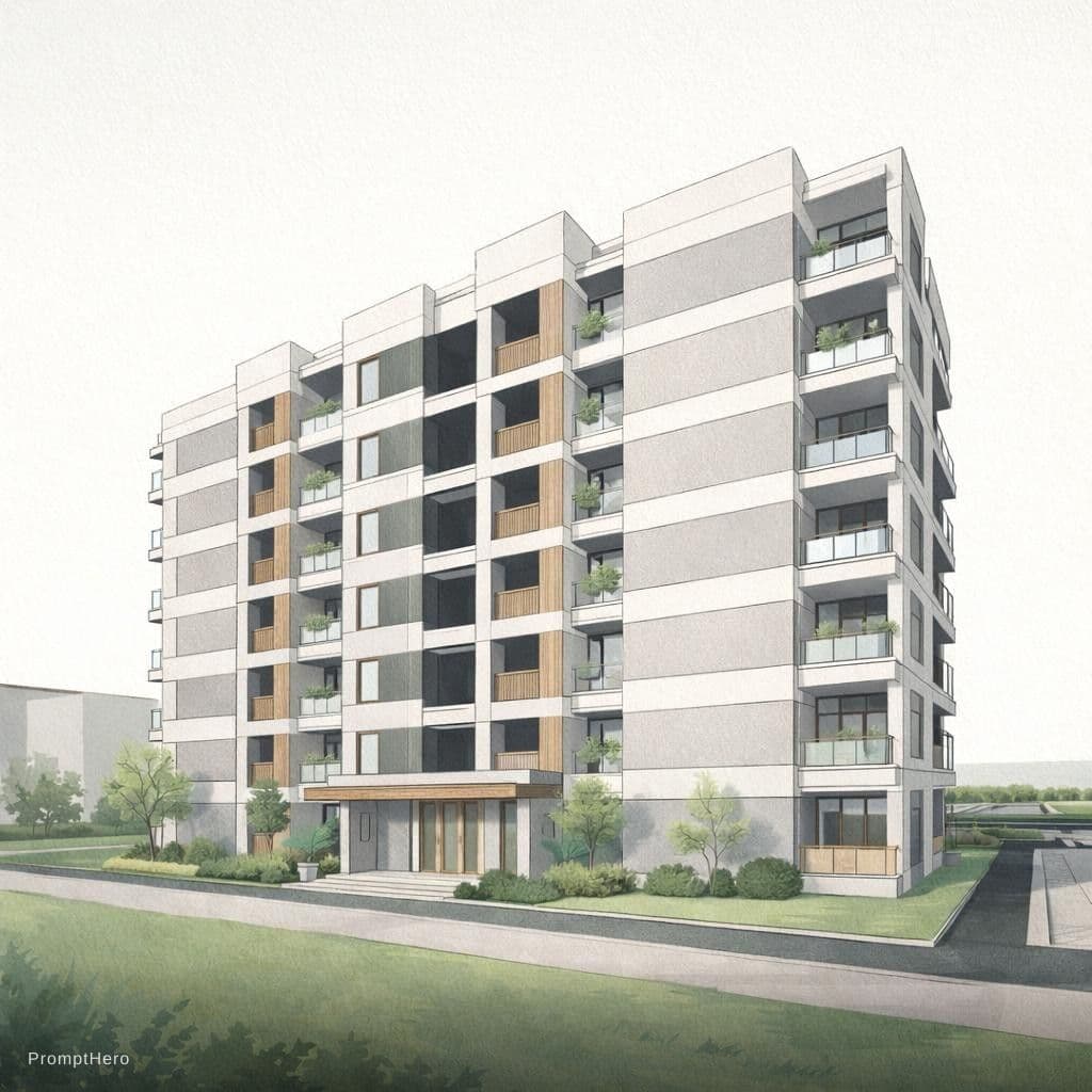 AI generated: Facade, architecture, japandi, minimalist, neutral colors, vegetation, illustrated style --v 6.1