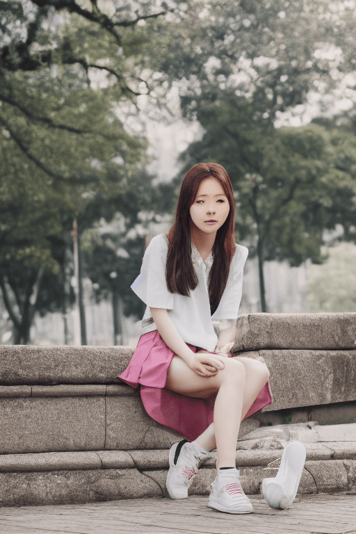 AI generated: korean girl, sitting on chair, in a public park, cross legged