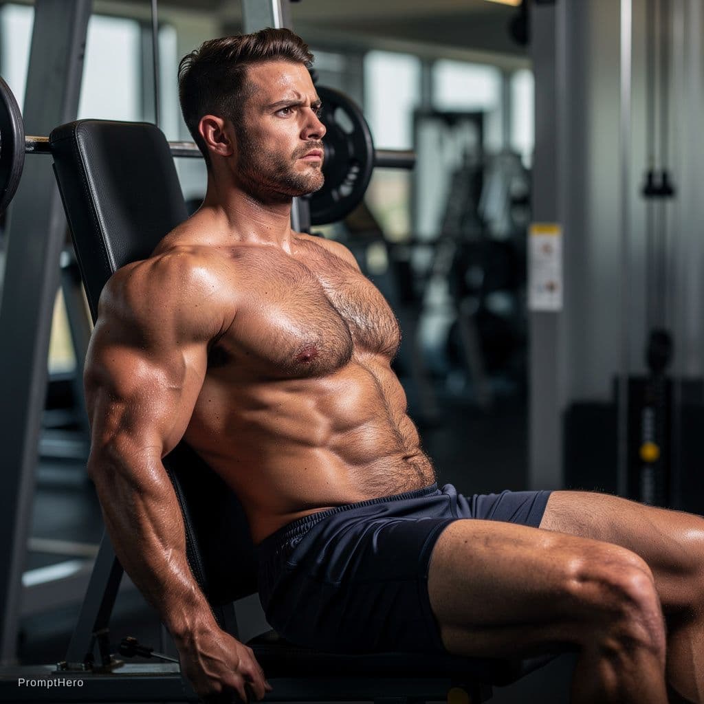 AI generated: erotic shirtless little hairy sportsman close look  sitting on a bench press leaning slightly backwa...