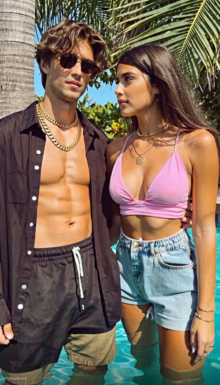AI generated: The image shows two adults standing outdoors beside a swimming pool in a sunny, tropical setting wit...