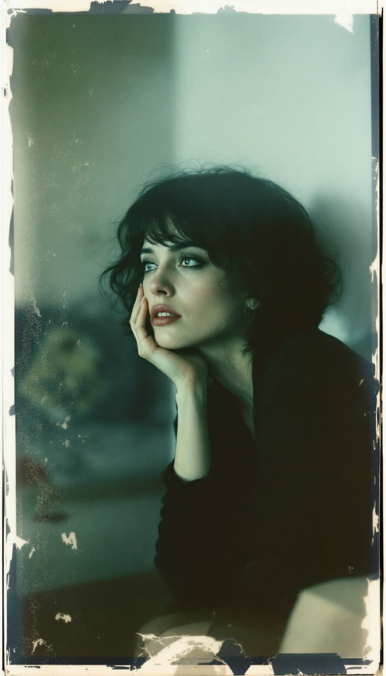 AI generated: woman, old polaroid photo, sad mood