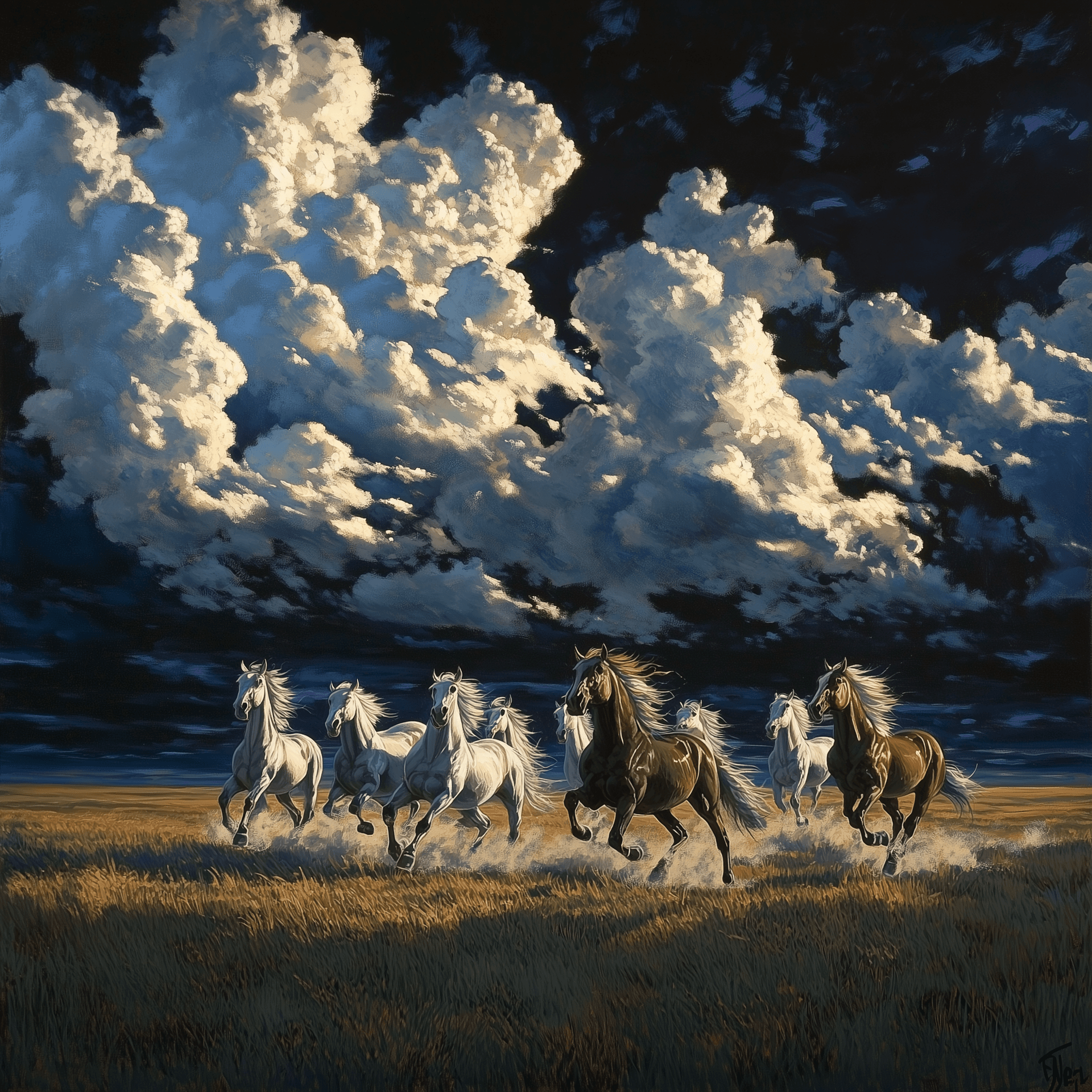 AI generated: In the vast expanse of grasslands, several horses run across the white clouds in front of them. The ...