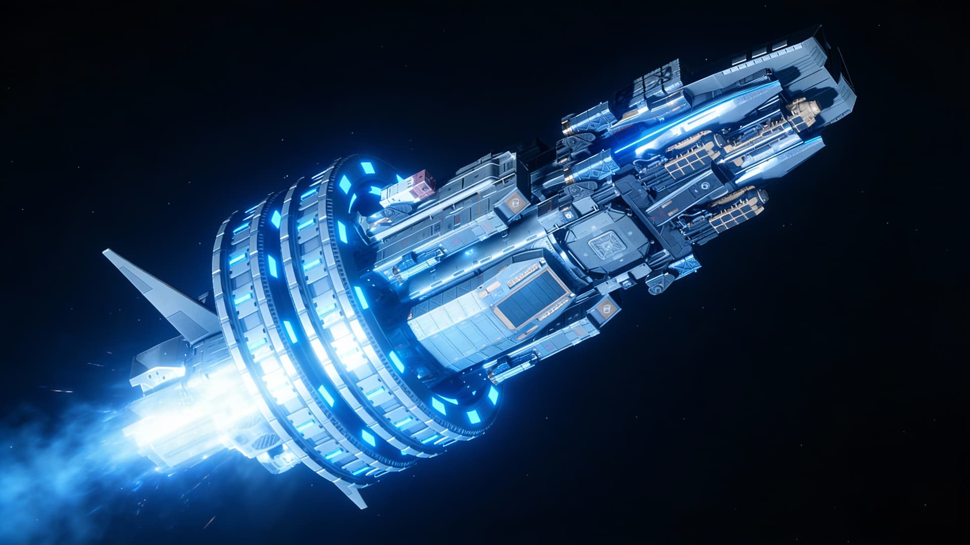 AI generated: Energy Fire Cannon is here for display in the Reference image. Make the lights and components Blue-W...