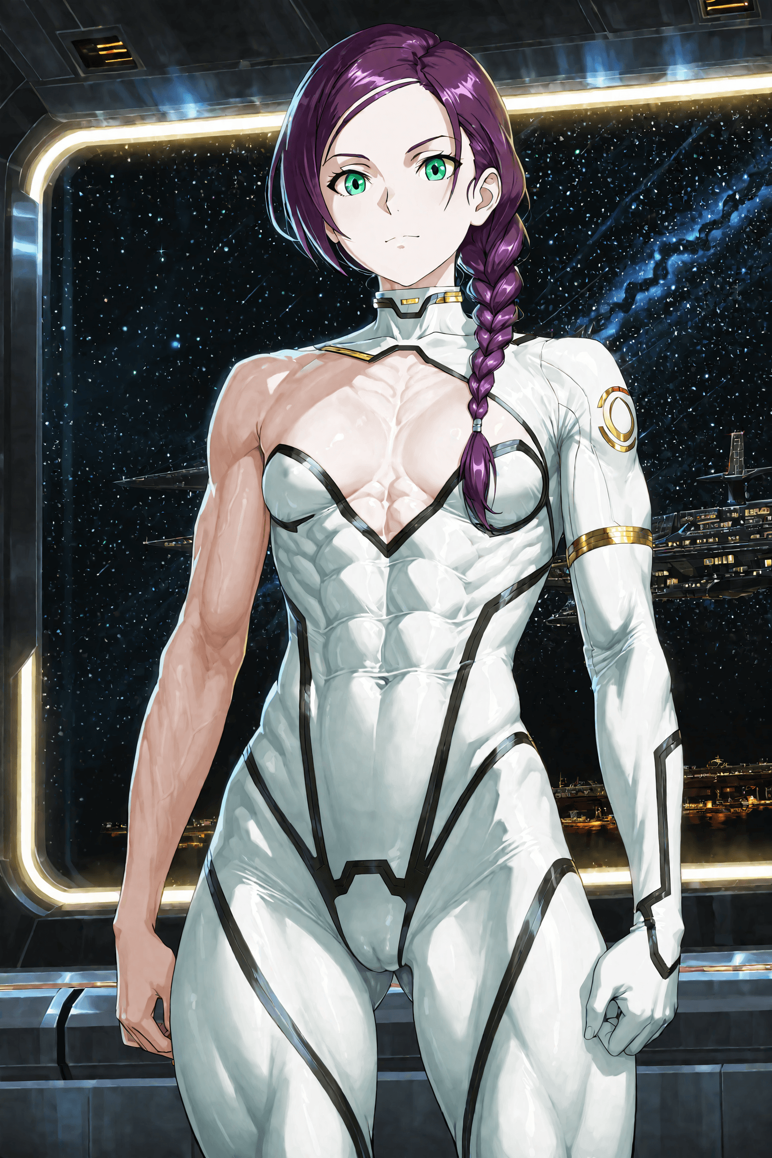 AI generated: female sci-fi commander in a sleek white and gold futuristic uniform blending Star Trek and Mass Eff...