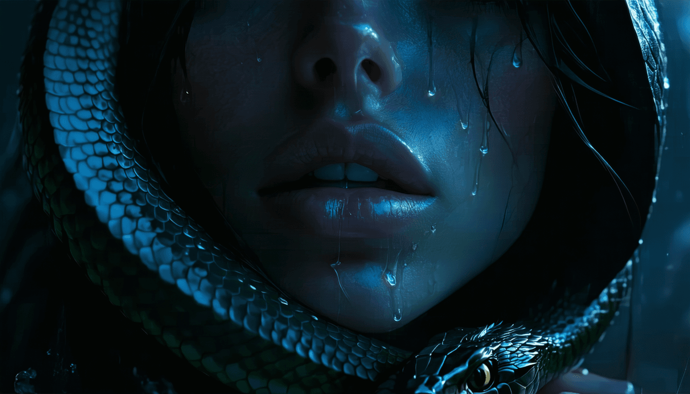 AI generated: 4K, image. 
She came to me with a serpent's kiss
As the Eye of the Sun rose on her lips.
Moonlight c...