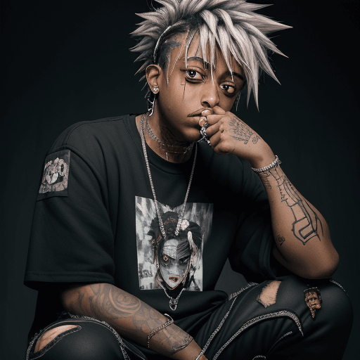 AI generated: juice wrld, anime, dark, hd, draw, pencil, delinquent street punk in emo style clothes holding up th...