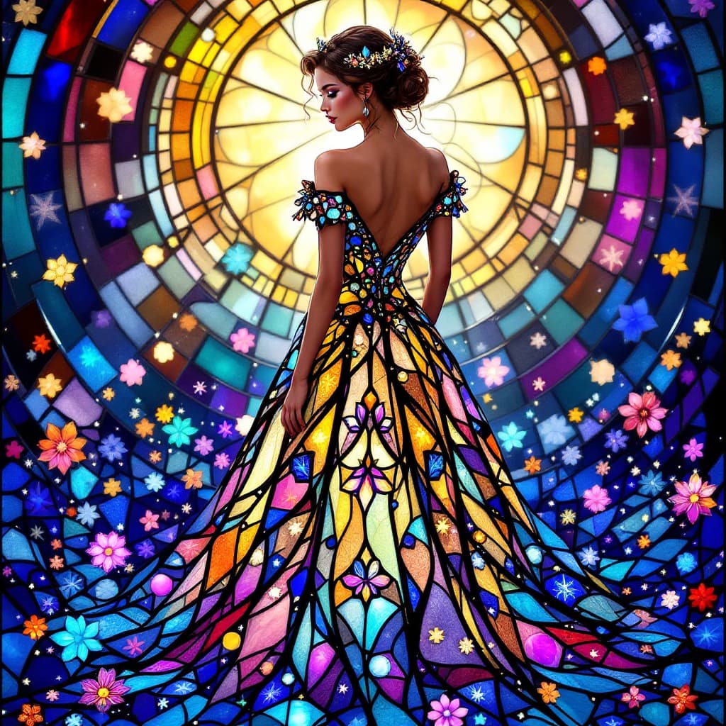 AI generated: a princess in a gown made of stained glass, beautiful intricate art.
