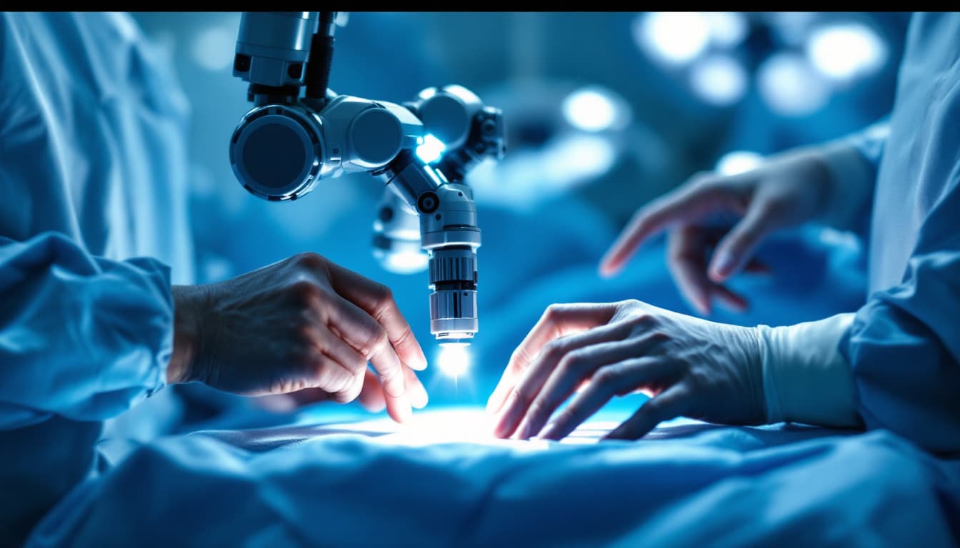 AI generated: `/imagine prompt: Surgical team in high-tech operating room, focus on hands:

South Asian surgeon's ...
