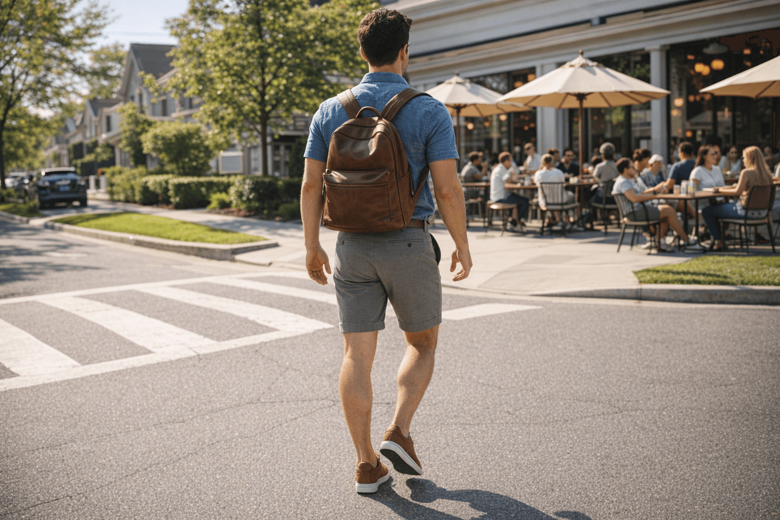 AI generated: In a sunny morning at a nice neighborhood. The model is crossing the street towards a large coffee s...