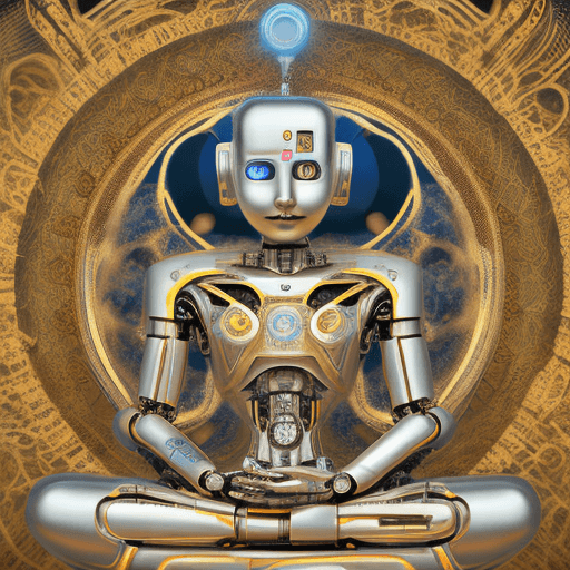 AI generated: A robot sitting in the lotus pose, representing the fusion of chaos and peacefulness in one work of ...