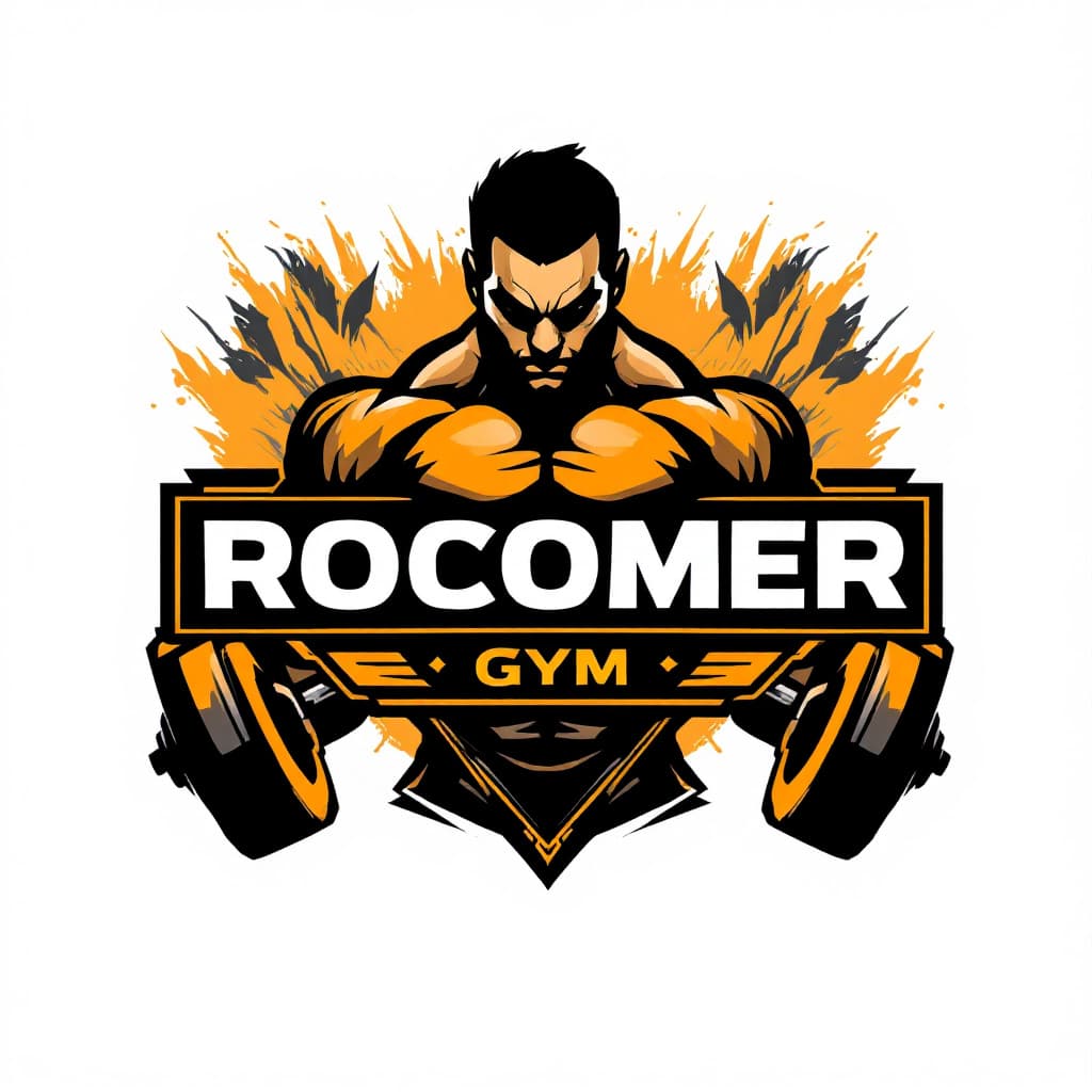AI generated: logo for a gym with the name ROCOMER in the middle of the logo. The colors have to be black, orange ...