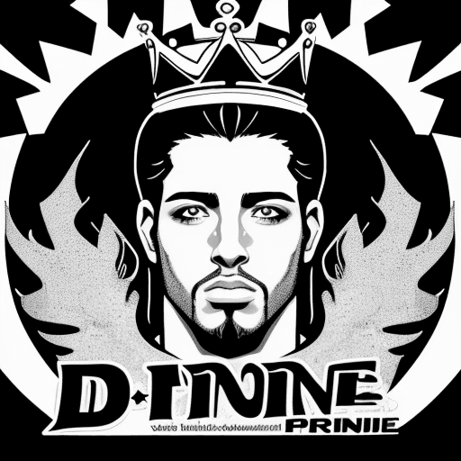 AI generated: Text: Dj Andre El principe, with crown vector logo, simple, black and white, Adobe illustrator