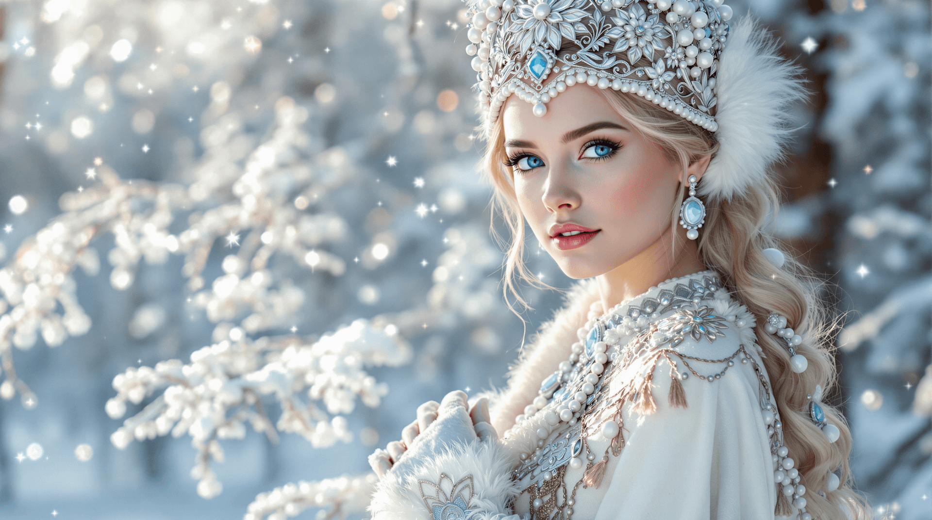 AI generated: A girl in the image of the Snow Maiden, in a kokoshnik embroidered with pearls and silver, with blue...