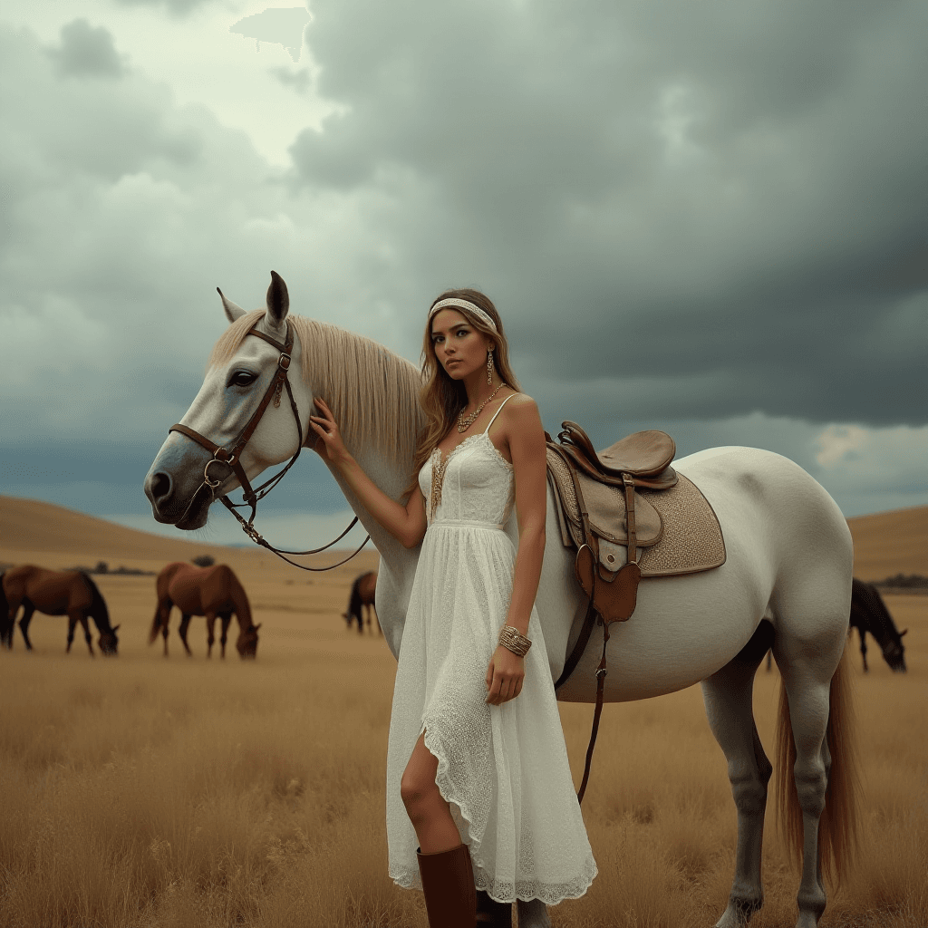 AI generated: [A graceful young woman stands beside a pale gray horse in an open field beneath a dramatic cloudy s...