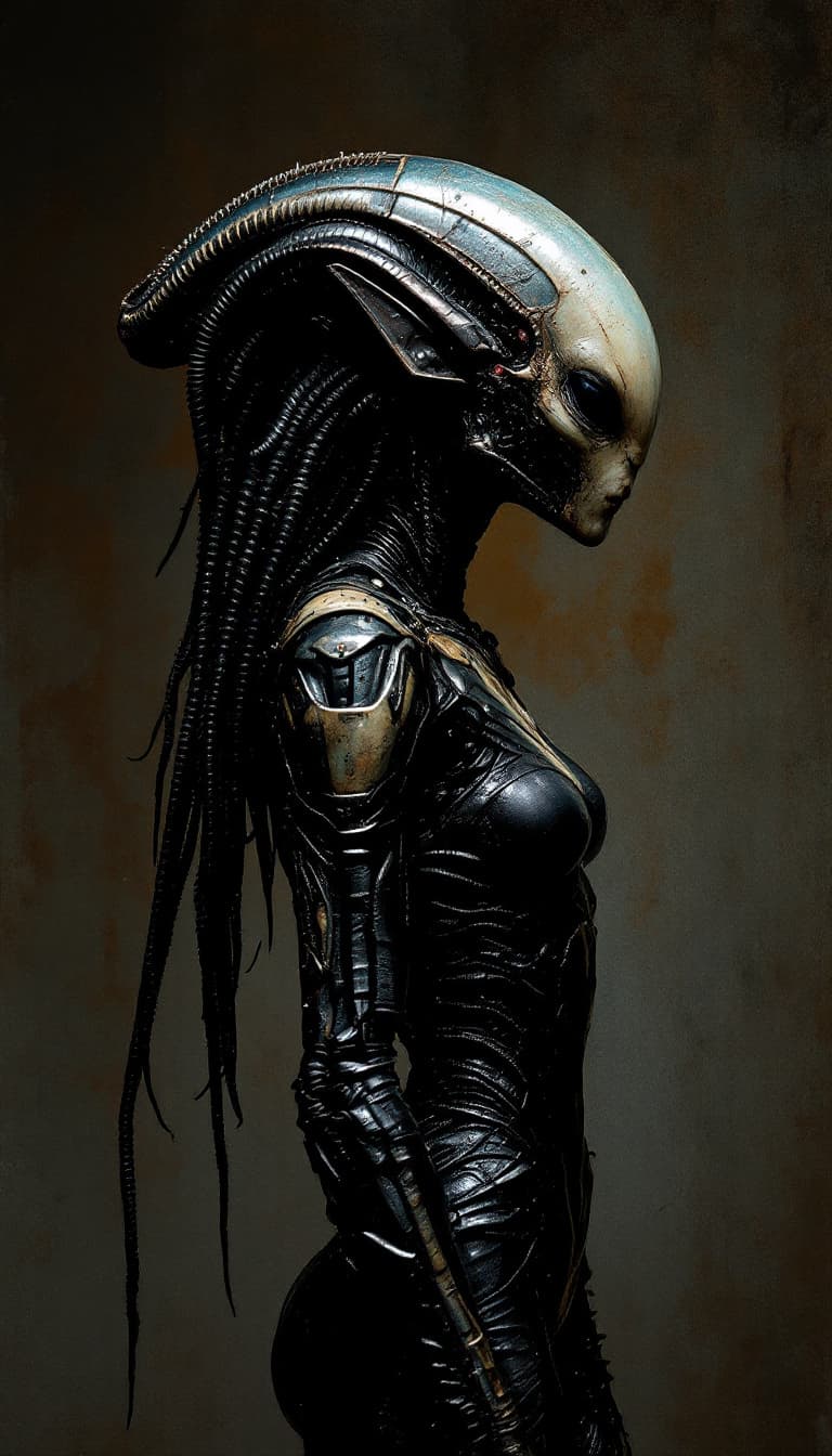 AI generated: female alien, side view, entire body, realism, gritty --chaos 75 --ar 17:32 --profile yruxpc2 --styl...